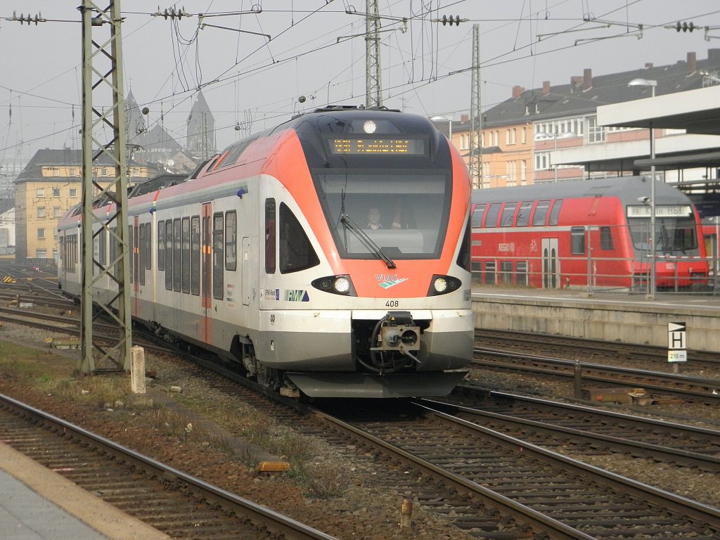 VIS Flirt bei der einfahrt in Koblenz Hbf am 5.3.2011. Dieser Zug fhrt weiter bis nach Frankfurt am Main Hbf